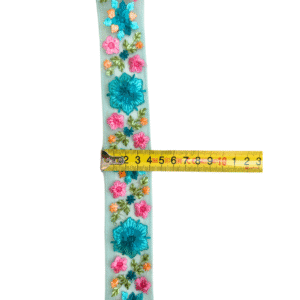 Pasmanterie Tulle Bleo - Flori Brodate Roz si Albastru - 4cm - imagine 3