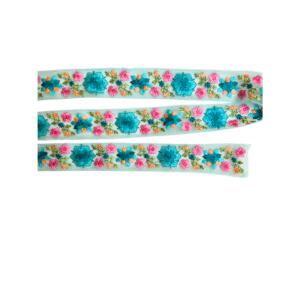 Pasmanterie Tulle Bleo - Flori Brodate Roz si Albastru - 4cm - imagine 2