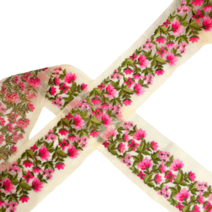 Pasmanterie Organza - Flori Brodate Roz si Ciclame - 9cm - imagine 2